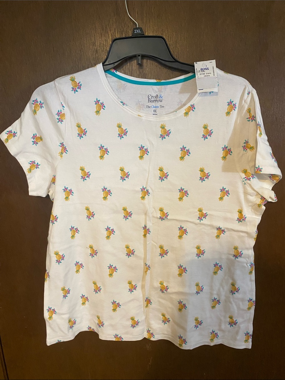 croft & barrow White Tee with Yellow Pineapple & Pink Floral Accents